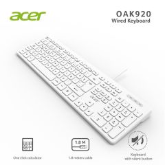 Acer OAK920 Q Usb Beyaz 1.8mt Kablolu Klavye-Tek Tuş Hesap Makinalı (Sessiz Tuş)