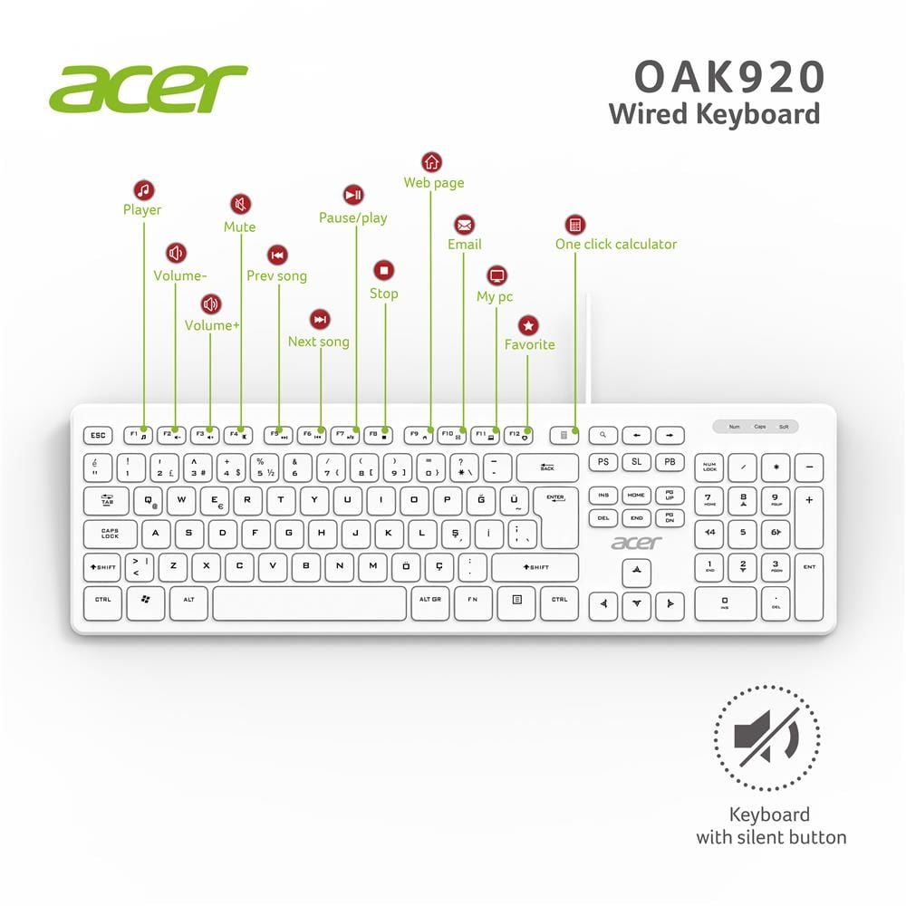 Acer OAK-920 Q USB Beyaz 1.8m Kablolu Klavye (Sessiz Tuş, Hesap Makinalı)