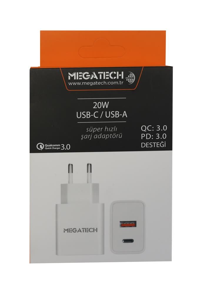 Megatech 20W Çift Portlu (USB-C + USB-A) PD 3.0 & QC 3.0 Hızlı Şarj Cihazı - Beyaz