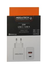 Megatech 20W Çift Portlu (USB-C + USB-A) PD 3.0 & QC 3.0 Hızlı Şarj Cihazı - Beyaz