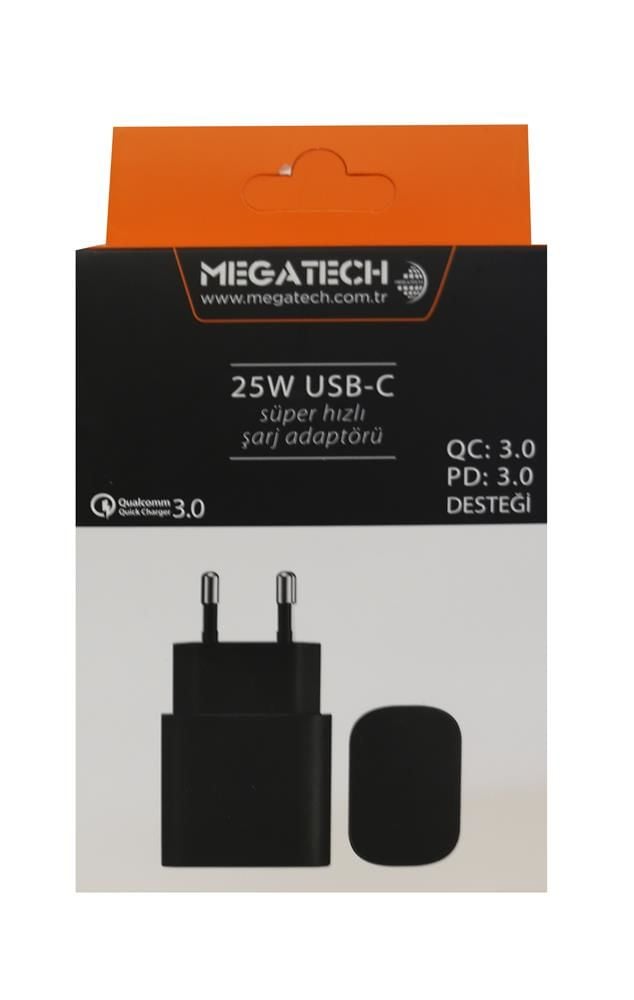 Megatech 25W USB-C PD 3.0 & QC 3.0 Destekli Hızlı Şarj Adaptörü - Siyah