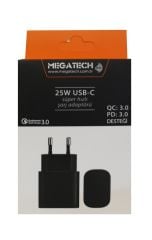 Megatech 25W USB-C PD 3.0 & QC 3.0 Destekli Hızlı Şarj Adaptörü - Siyah