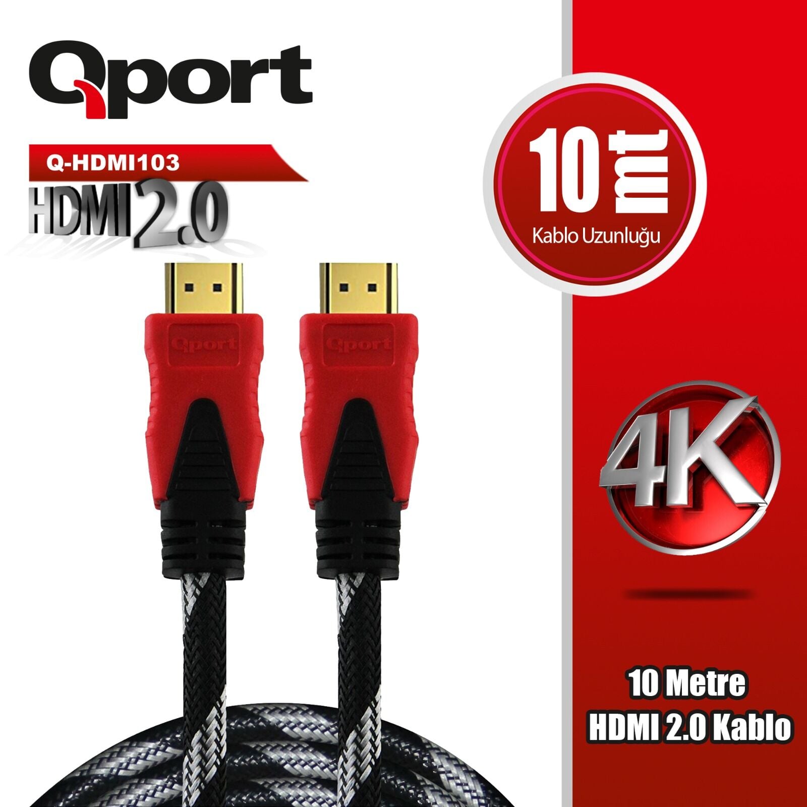 Qport Q-HDMI103 10 Metre HDMI 2.0v 4K 60Hz Altın Uçlu Örgülü Görüntü ve Ses Kablosu
