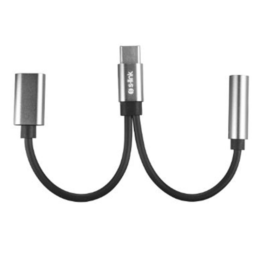 S-link SL-TA45M Gri Metal Type-C to 3.5mm Jack + Type-C PD Şarj Çevirici Adaptör