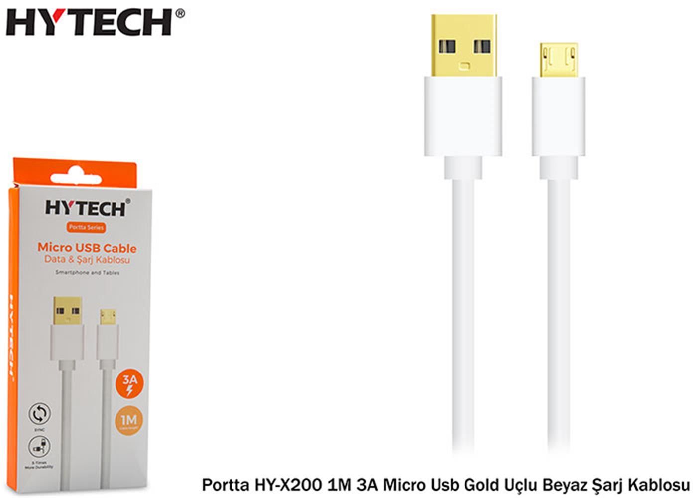 Hytech Portta HY-X200 3A Micro USB 1m Gold Uçlu Beyaz Data ve Şarj Kablosu