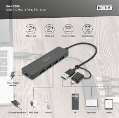 DIGITUS DA-70235 4 Port USB 3.0 Hub USB-C Adaptörlü, 5Gbps