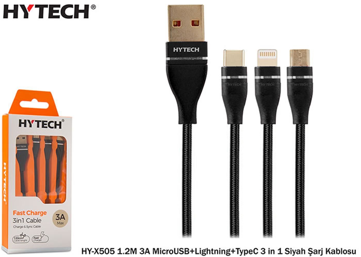Hytech HY-X505 3'ü 1 Arada (3-in-1) 3A 1.2m Micro USB + Lightning + Type-C Şarj Kablosu
