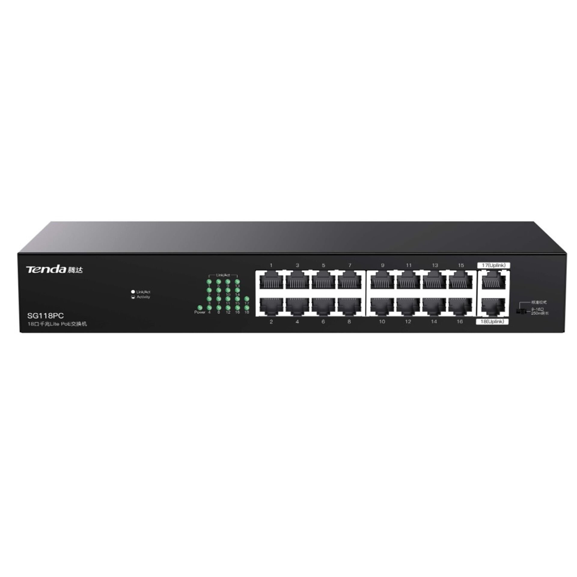 TENDA SG118PC 18 Port 16x10/100/1000Mbps Gigabit PoE+ + 2xGigabit Uplink 250W IEEE 802.3af/at Unmanaged Switch