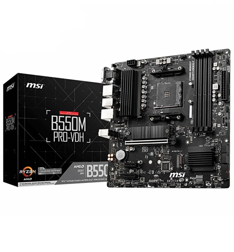 MSI B550M PRO‑VDH WIFI AM4 Socket AMD B550 Chipset DDR4‑4400 MHz (OC) 4×DIMM 128GB HDMI DisplayPort VGA 2×M.2 USB 3.2 Gen1 (A+C) Wi‑Fi 5 Bluetooth 4.2 Micro‑ATX Anakart