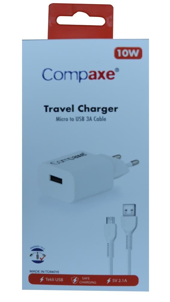 Compaxe CTA-521MU 10W 2.1A Ev Tipi Şarj Adaptörü + 1m Micro USB Şarj Kablosu Seti
