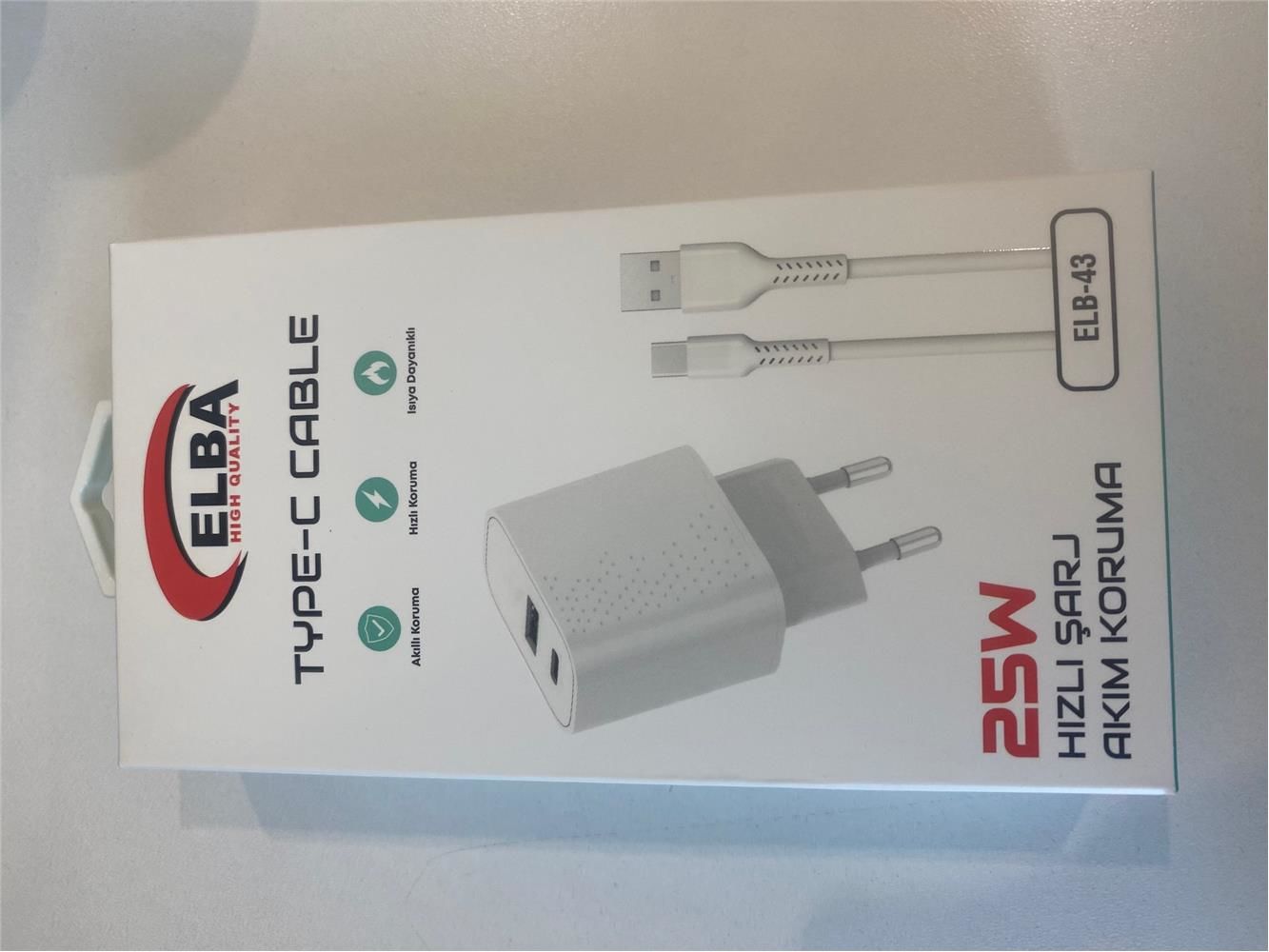 Elba ELB-43 25W Çift USB Çıkışlı Hızlı Şarj Adaptörü ve Type-C Şarj Kablosu Seti (Akım Korumalı)
