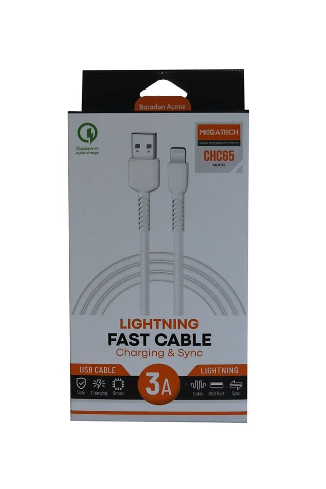 Megatech CHC65 3.0A Hızlı Şarj ve Data Kablosu - USB'den Lightning'e 1 Metre Beyaz