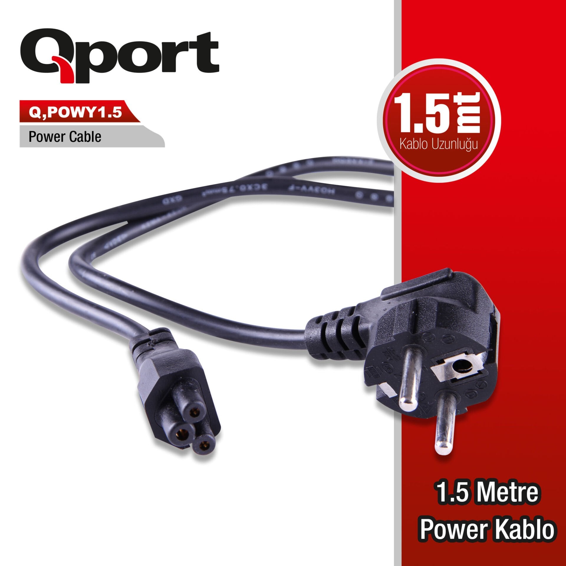 Qport Q-POWY1.5 1.5 Metre Standart Masaüstü Bilgisayar (PC) Güç Kablosu - Siyah