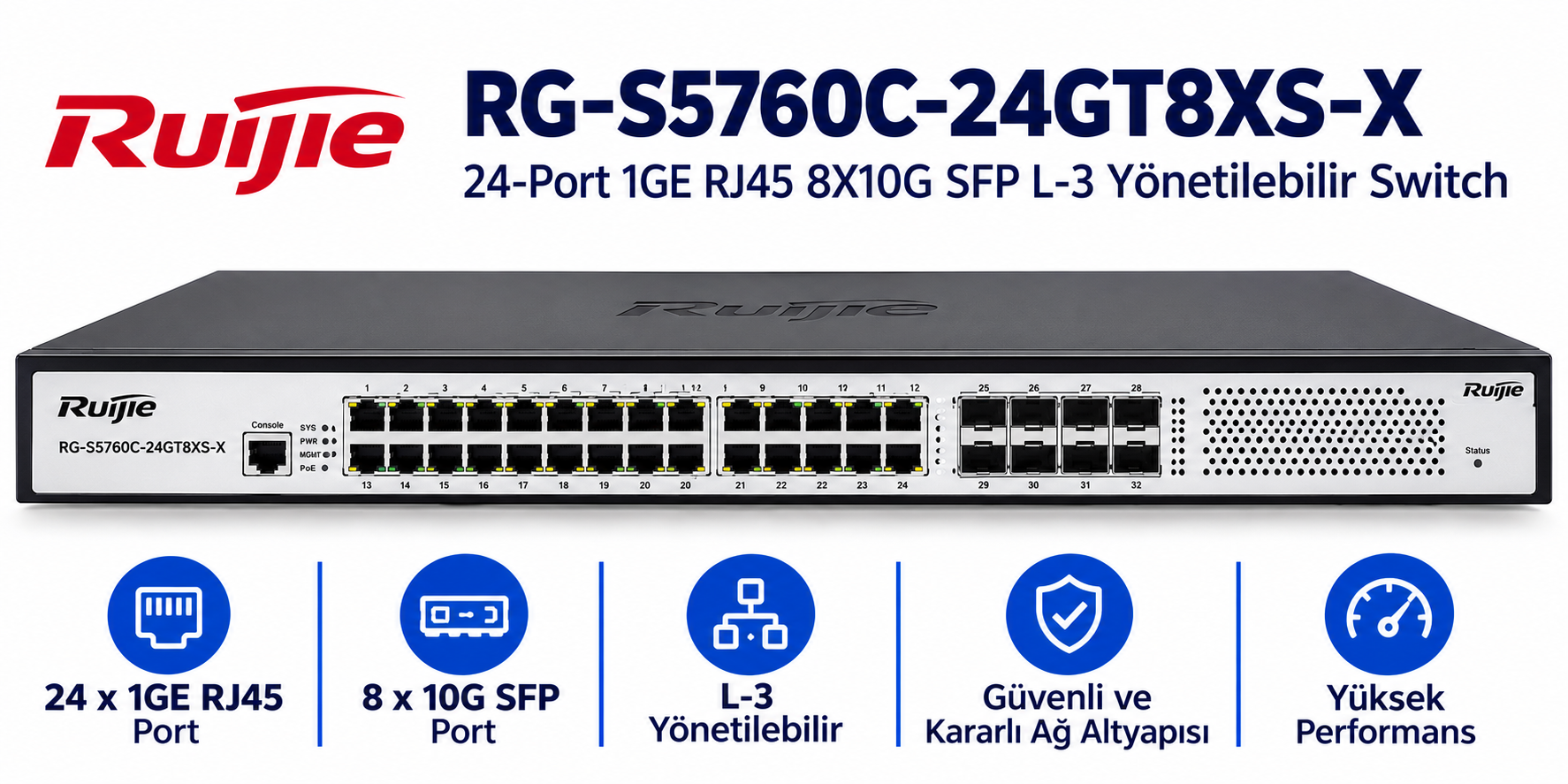 RUIJIE RG-S5760C-24GT8XS-X 24-Port 1GE RJ45 8X10G SFP L-3 Yönetilebilir Switch