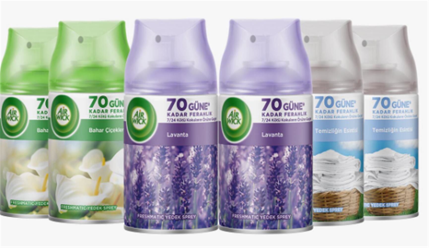 Airwick 250ml 6lı (Lavanta-Bahar Çiçekleri-Temizliğin Esinti) Oda Kokusu Sprey(Makina Yedek Spreyi)