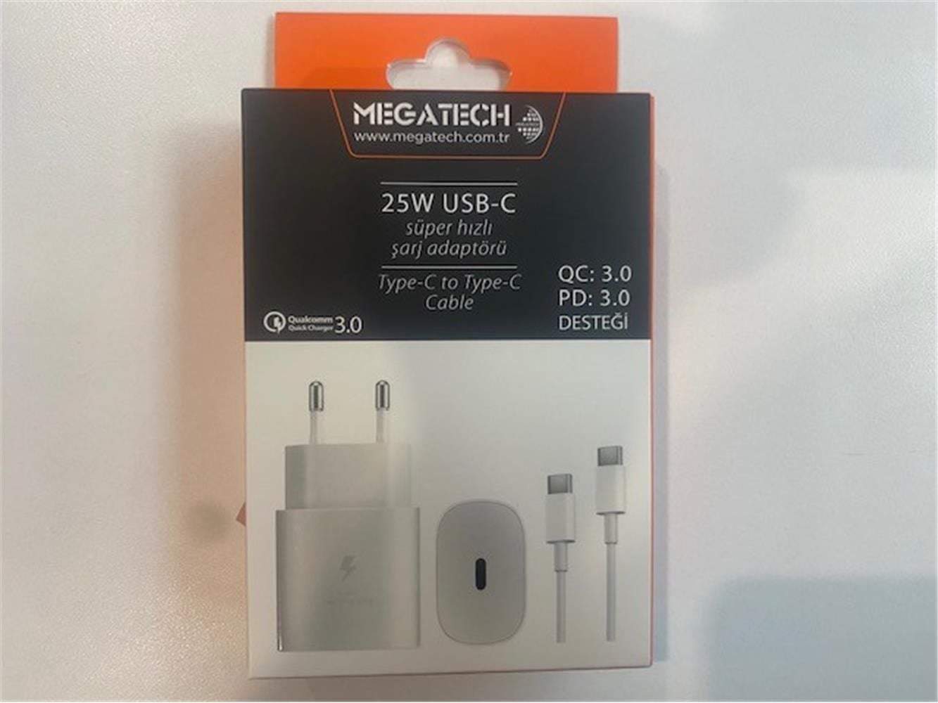 Megatech MT-25W 25W PD 3.0 & QC 3.0 Hızlı Şarj Adaptörü ve Type-C to Type-C Kablo Seti