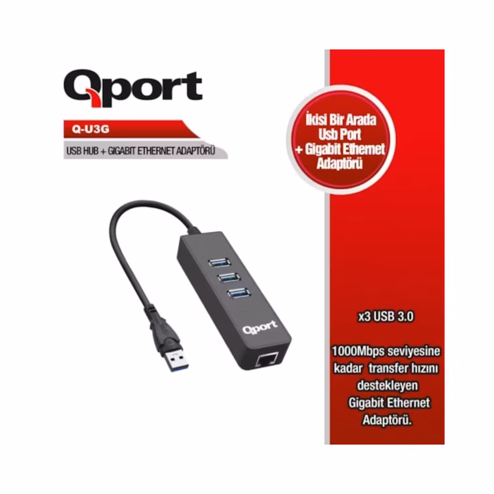 QPORT Q-U3G 3PORT USB3.0 ÇOKLAYICI & GIGABIT ETHERNET ADAPTOR