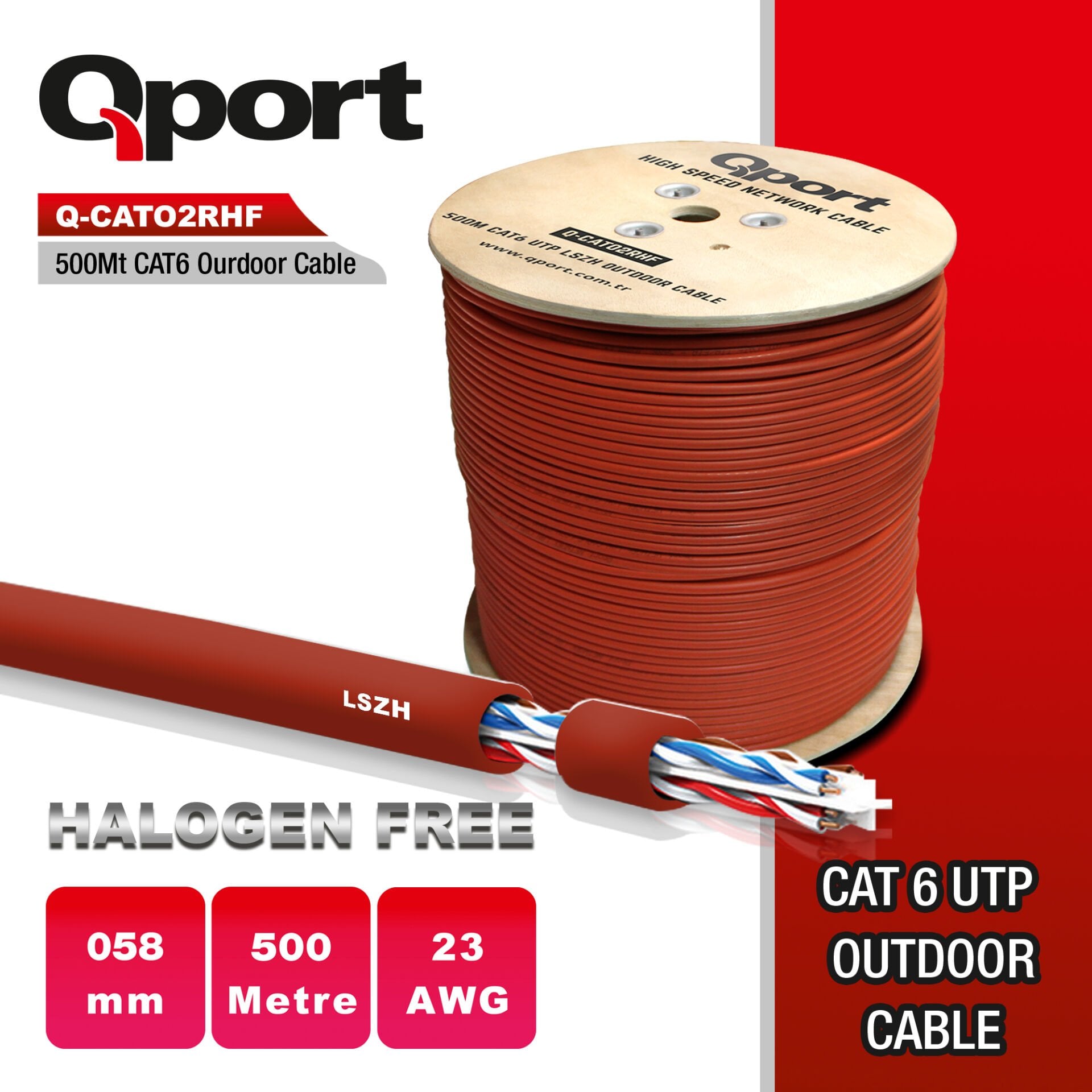 QPORT Q-CATO2RHF Cat6 LSZH Halogen Free 23AWG 500 Metre Makaralı Network Kablosu