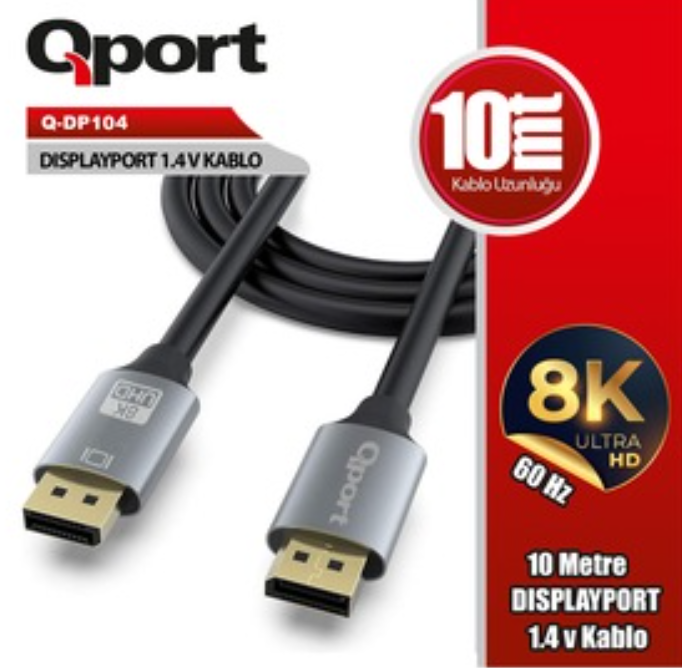 QPORT Q-DP104 DisplayPort 1.4 V 10 Metre 8K 4K 144Hz Yüksek Hızlı Görüntü ve Ses Aktarım Kablosu Altın Uçlu Uzun Mesafe DP Kablo