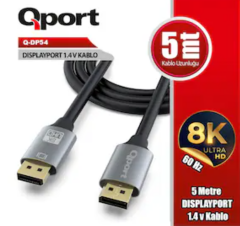 QPORT Q-DP54 DisplayPort 1.4 V 5 Metre 8K 4K 144Hz Yüksek Hızlı Görüntü ve Ses Aktarım Kablosu Altın Uçlu