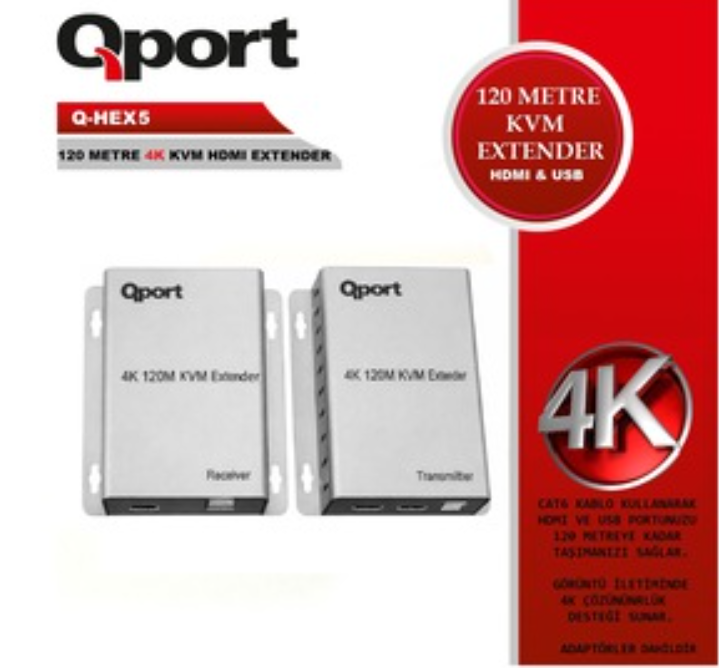 QPORT Q-HEX5 KVM CAT6 120MT 4K HDMI USB Uzatıcı Çoğaltıcı 2’li Set Cat6 Üzerinden Görüntü ve Klavye Mouse Aktarıcı Extender