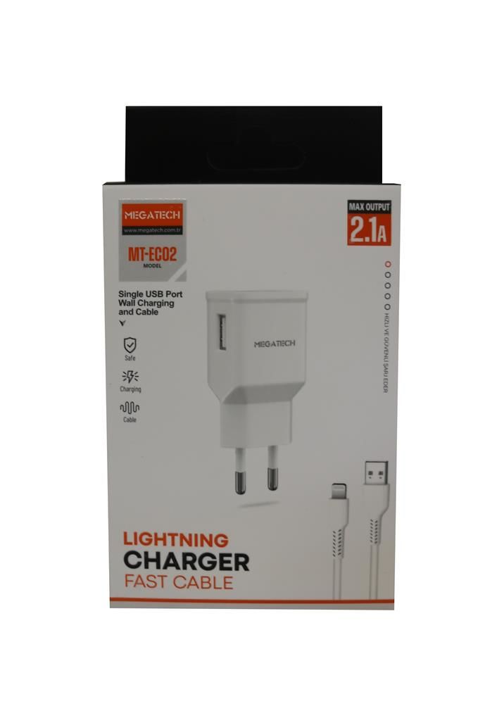 Megatech EC02 2.1A USB-A Ev Şarj Adaptörü + Lightning Şarj ve Veri Kablosu Seti - Beyaz