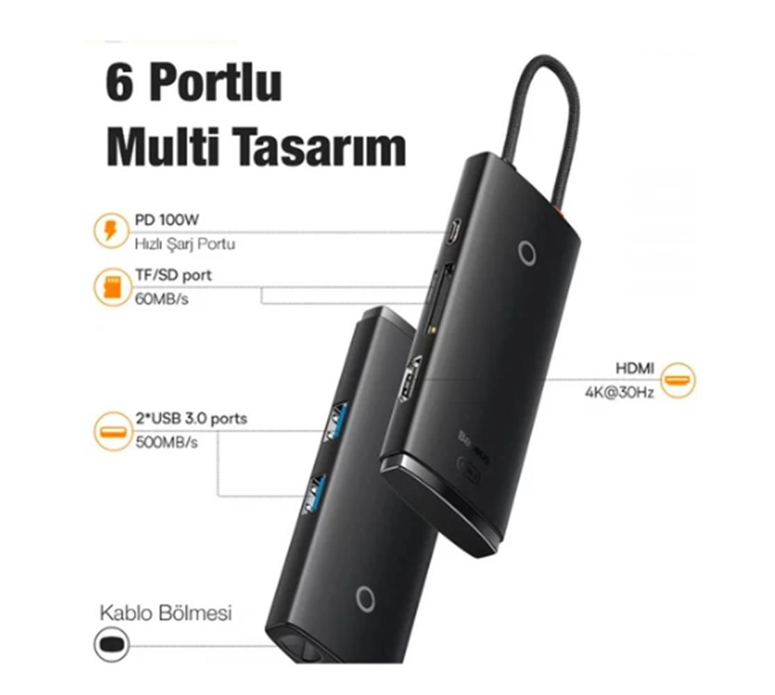 Baseus WKQX050101 Örgülü Kablo Type-C 6in1 Hub (2xUSB 3.0, HDMI, SD, TF, Type-C)