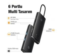 Baseus WKQX050101 Örgülü Kablo Type-C 6in1 Hub (2xUSB 3.0, HDMI, SD, TF, Type-C)