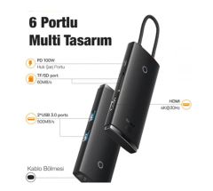 Baseus WKQX050101 Örgülü Kablo Type-C 6in1 Hub (2xUSB 3.0, HDMI, SD, TF, Type-C)