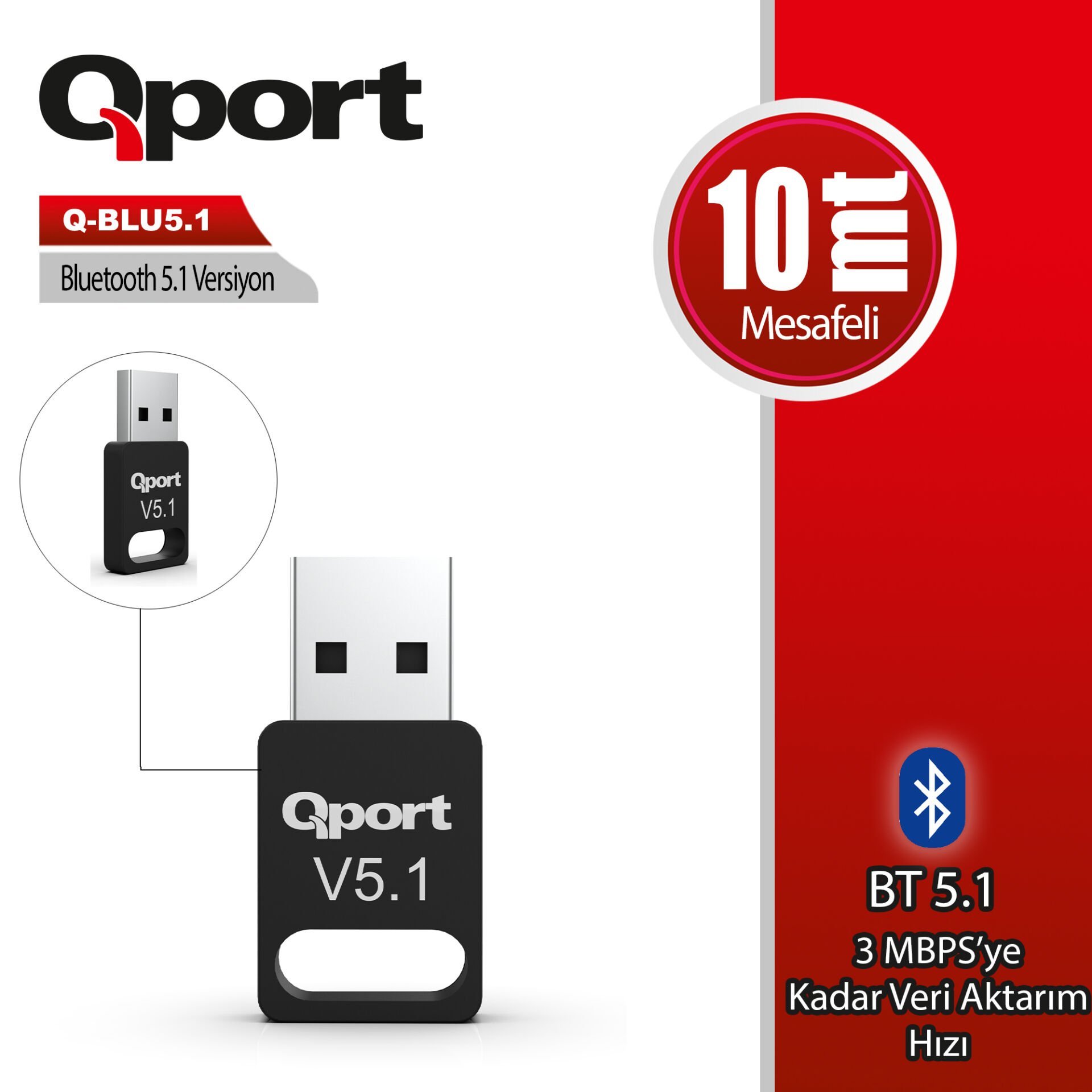 QPORT Q-BLU5.1 Bluetooth 5.1 USB Adaptör, Mini Tak & Çalıştır Kablosuz Bağlantı, PC & Laptop Uyumlu