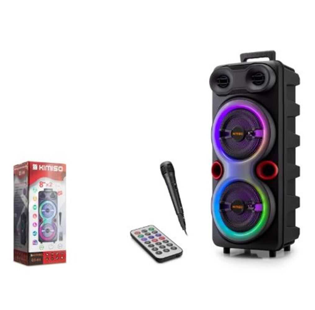Kimiso QS-84 2x8 İnç RGB Işıklı Bluetooth Hoparlör FM Radyo Kumandalı Siyah
