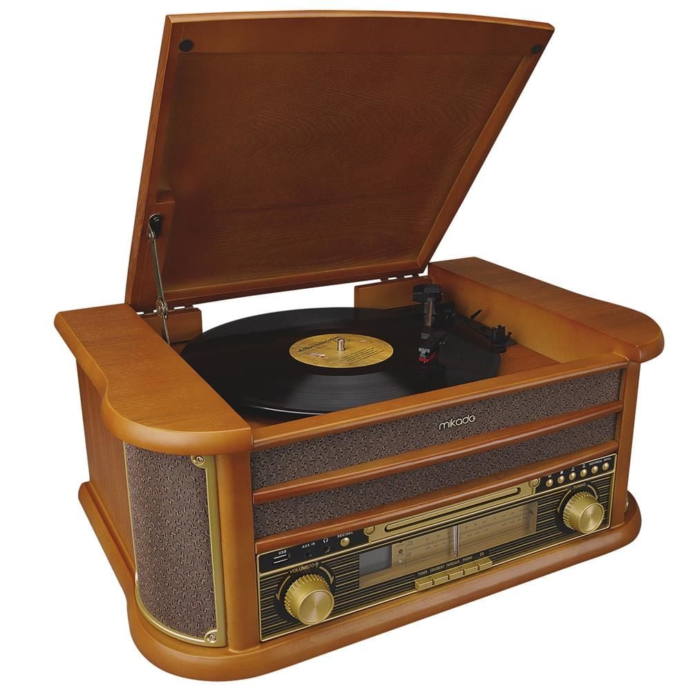 Mikado Nostalgia MN-P325 Ahşap Dönence Pikap 2x5W Stereo Hoparlör USB Radyo CD Kaset BT MP3 Çalar