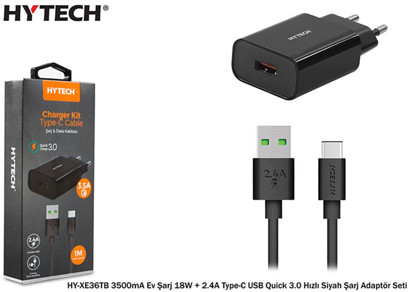 Hytech HY-XE36TB 18W Quick Charge 3.0 + 2.4A Çift Portlu Siyah Ev Şarj Adaptörü ve Type-C Kablo Seti