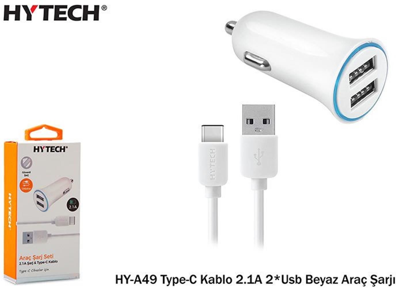 Hytech HY-A49 2.1A Çift USB Çıkışlı Beyaz Araç Şarj Cihazı + Type-C Kablo Seti