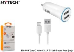 Hytech HY-A49 2.1A Çift USB Çıkışlı Beyaz Araç Şarj Cihazı + Type-C Kablo Seti