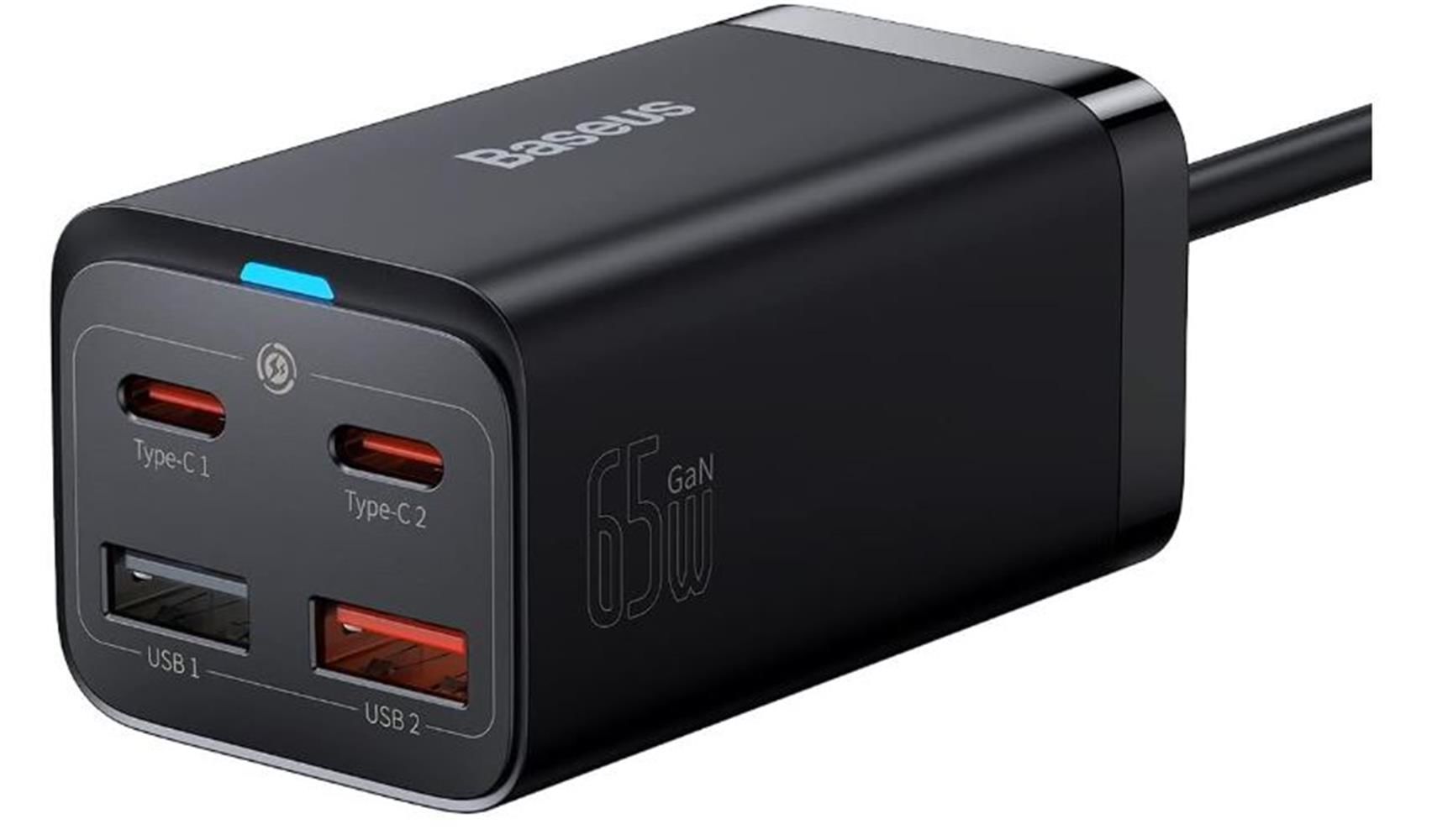 Baseus GaN3 Pro 65W Masaüstü Hızlı Şarj İstasyonu (2x USB-C + 2x USB-A) - Siyah