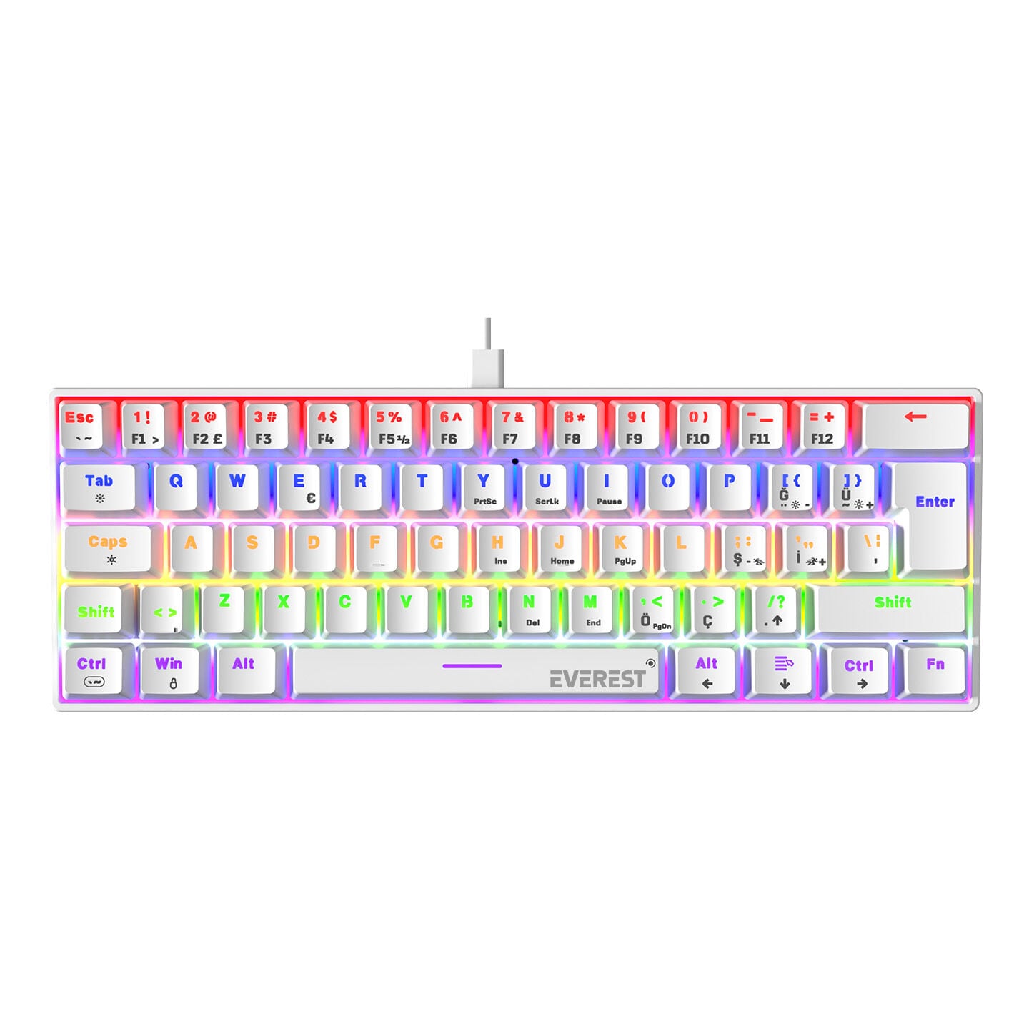 Everest Amber Beyaz Type-C Bağlantılı RGB Ledli Mekanik Gaming Oyuncu Klavye Q Red Switch