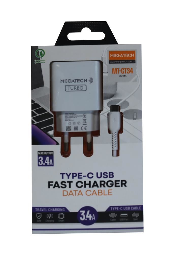 Megatech CC-03 (MT-CT34) 3.4A Type-C USB Kablo ve Ev Tipi Hızlı Şarj Adaptörü Seti
