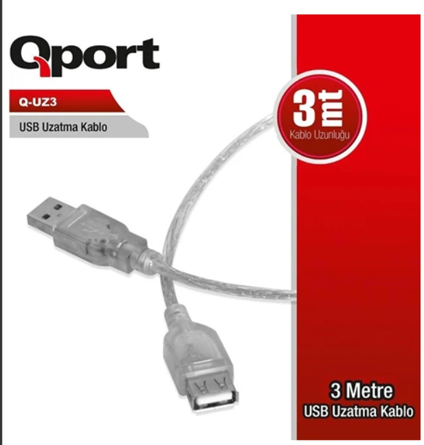 QPORT Q-UZ3 3 Metre USB 2.0 Uzatma Kablosu Yüksek Hızlı Veri Aktarım USB A Erkek Dişi Extension Cable