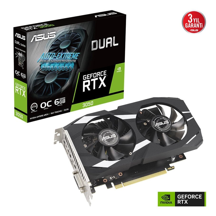 6 GB ASUS DUAL-RTX3050-O6G RTX 3050 GDDR6 96bit 1537MHz OC DVI HDMI DP EKRAN KAR