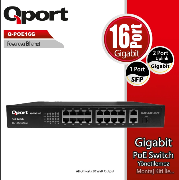Qport Q-POE16G 16 Port Gigabit + 2 Port Gigabit Uplink 18 Port PoE Network Switch