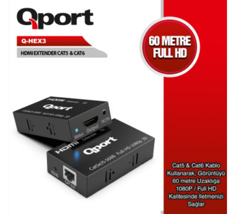 QPort Q-HEX3 HDMI Extender Over Single CAT6 Ethernet Kablosu Üzerinden 60 Metre Görüntü Aktarıcı Set