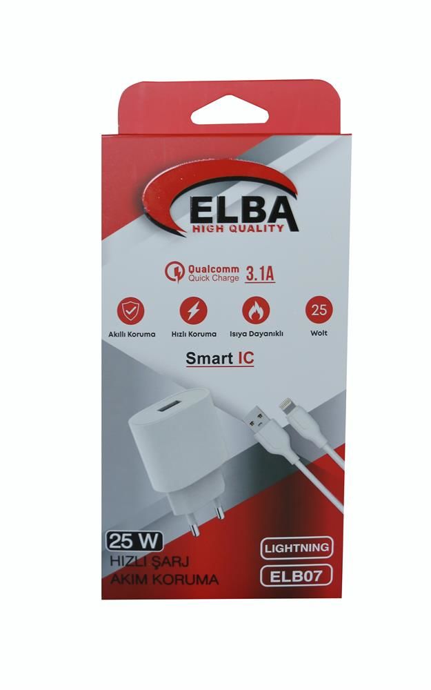Elba ELB07-USB-25WIOS 25W USB-A Hızlı Şarj Adaptörü ve 1 Metre Lightning Şarj Kablosu Seti (QC 4.0 Destekli)