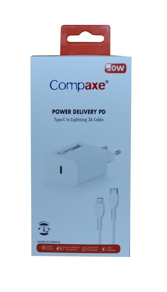 Compaxe CTA-200TI 20W PD USB-C Hızlı Şarj Adaptörü ve USB-C to USB-C Kablo Seti