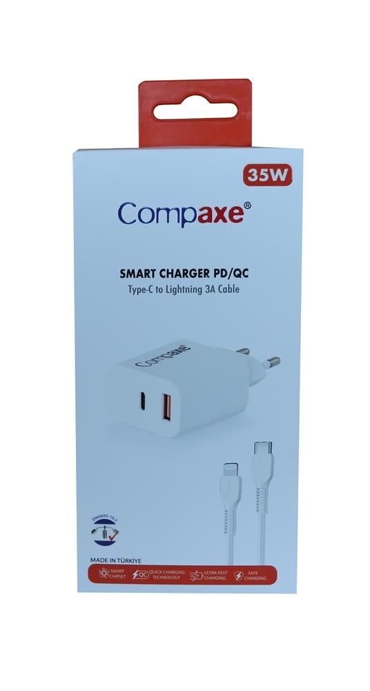 Compaxe CTA-350TI 35W PD & QC 3.0 Hızlı Şarj Adaptörü ve USB-C to Lightning Kablo Seti
