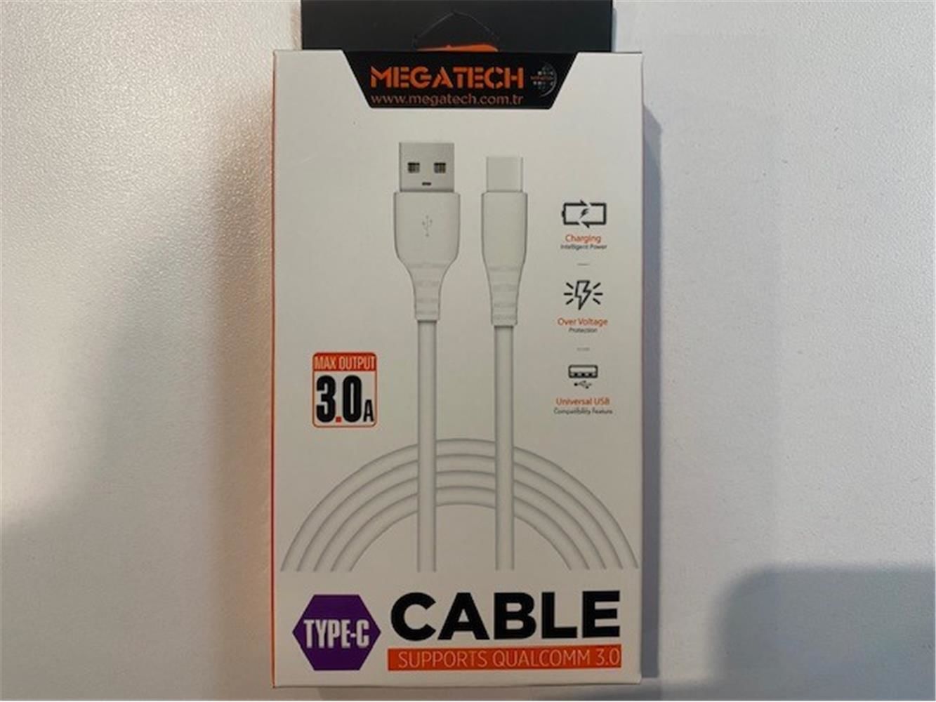Megatech CHC65 3.0A Type-C 1m Beyaz Hızlı Data ve Şarj Kablosu