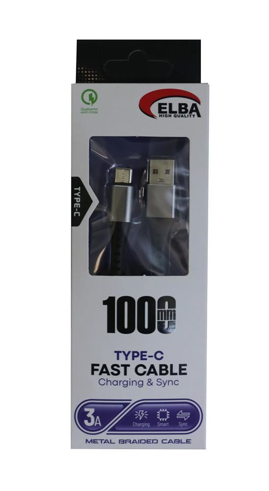 Elba ELB34-USB 1 Metre 3A Hızlı Şarj ve Veri Senkronizasyon Hasırlı Örgü USB-A to USB Type-C Kablo - Siyah