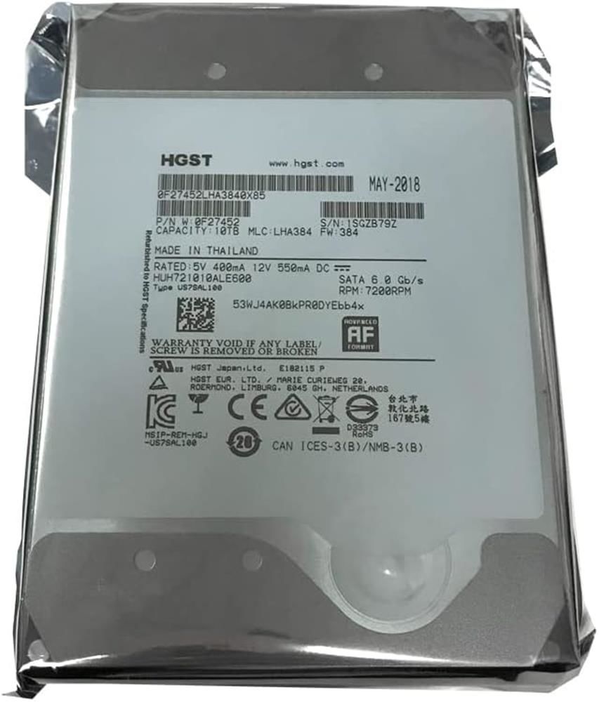 Hgst 10TB Ultrastar He10 HUH721010ALE600 SATA 6Gbps 7200RPM 256MB 3.5'' Harddisk