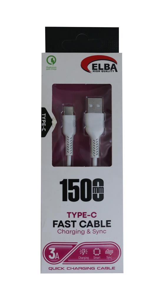 Elba ELB37-T1 1.5 Metre 3A Hızlı Şarj ve Veri Senkronizasyon USB-A to USB Type-C Kablo - Beyaz