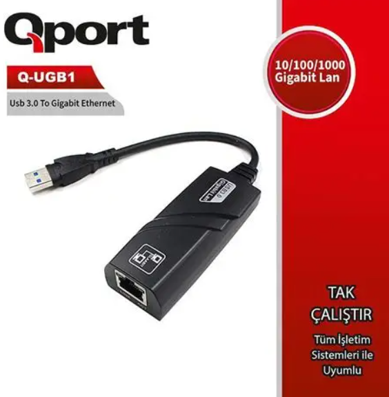 QPORT Q-UGB1 USB to Gigabit Ethernet 10/100/1000 Mbps RJ45 Ağ Adaptörü Çevirici USB LAN Dönüştürücü